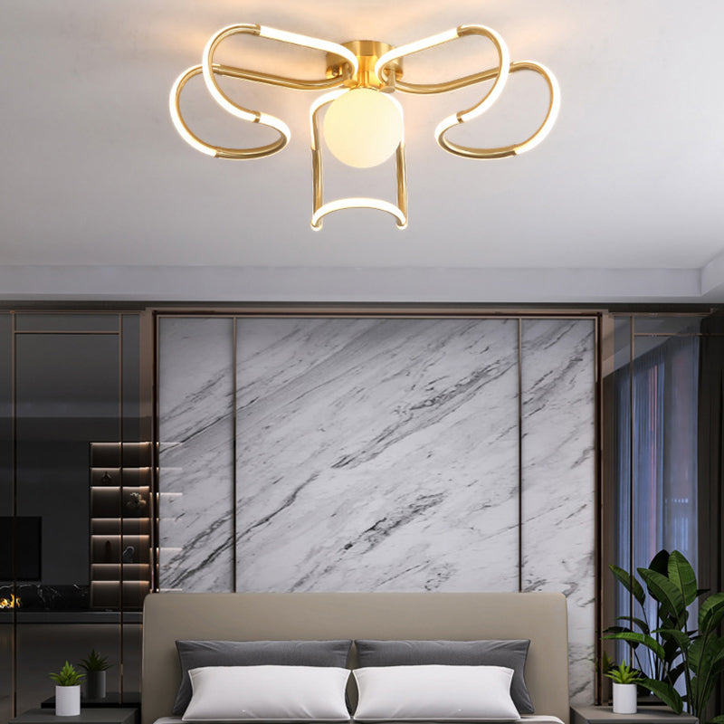 Contemporary Scandinavian Curved Line Round Acrylic Copper LED Semi-Flush Mount Ceiling Light For Living Room