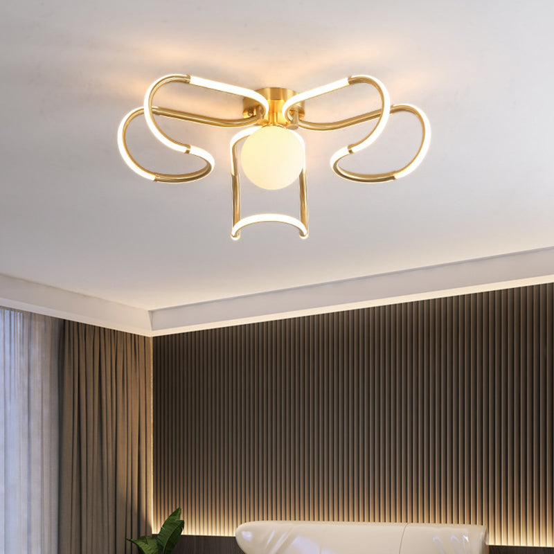 Contemporary Scandinavian Curved Line Round Acrylic Copper LED Semi-Flush Mount Ceiling Light For Living Room