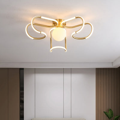 Contemporary Scandinavian Curved Line Round Acrylic Copper LED Semi-Flush Mount Ceiling Light For Living Room