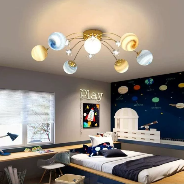 Contemporain Nordic Kids Fer Verre Balle Terre Planète 13-Lumières Semi-Plafonnier pour Chambre 