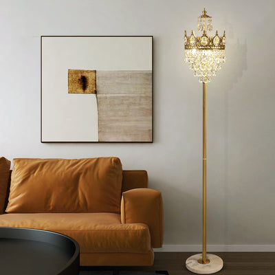 Lampe de sol traditionnelle de luxe en cuivre et laiton avec pendentif couronne en cristal à 3 lumières pour chambre 