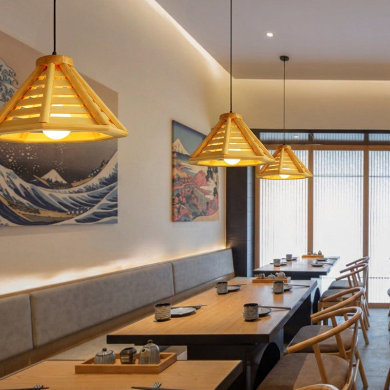Suspension Pyramidale Conique en Bois et Fer Japonais Traditionnel à 1 Lumière pour Salle à Manger 