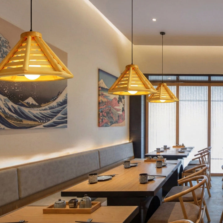 Suspension Pyramidale Conique en Bois et Fer Japonais Traditionnel à 1 Lumière pour Salle à Manger 