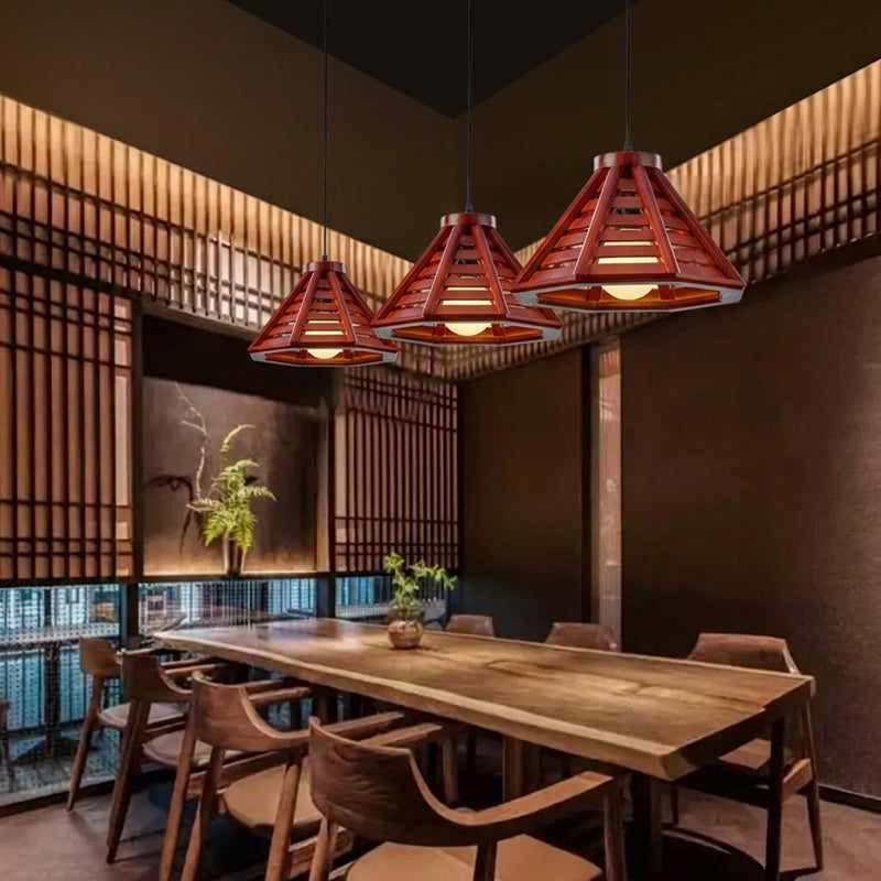 Suspension Pyramidale Conique en Bois et Fer Japonais Traditionnel à 1 Lumière pour Salle à Manger 