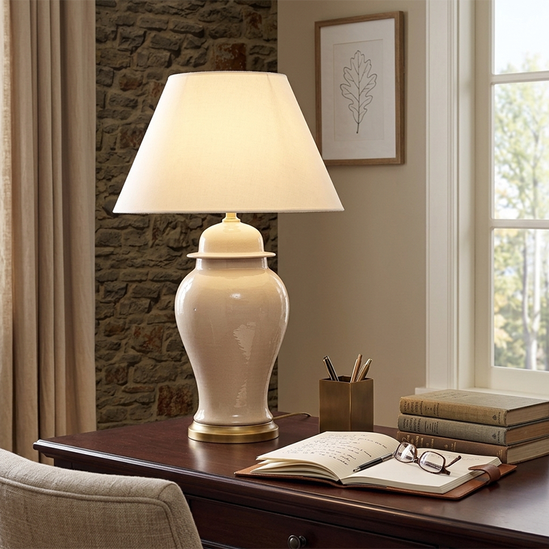 Lampe de table 1 lumière en céramique rustique traditionnelle avec vase conique pour étude 