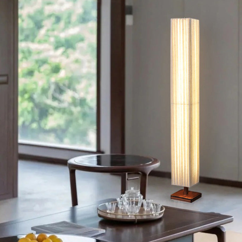 Traditional Japanese Column Rectangular Walnut Fabric LED Standing