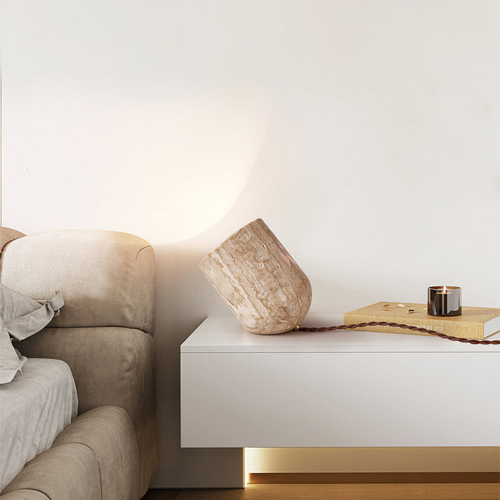 Lampe de table 1 lumière en cylindre fait main en travertin japonais traditionnel pour chevet 