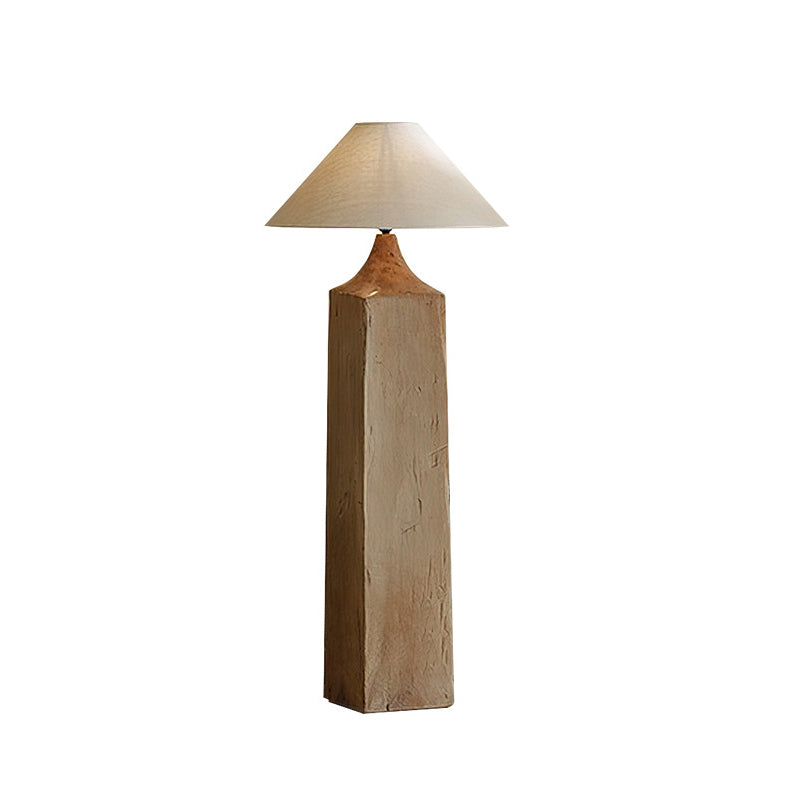 Contemporary Retro Wood Linen Cone Cylinder 1-Light Standing Floor Lamp For Living Room