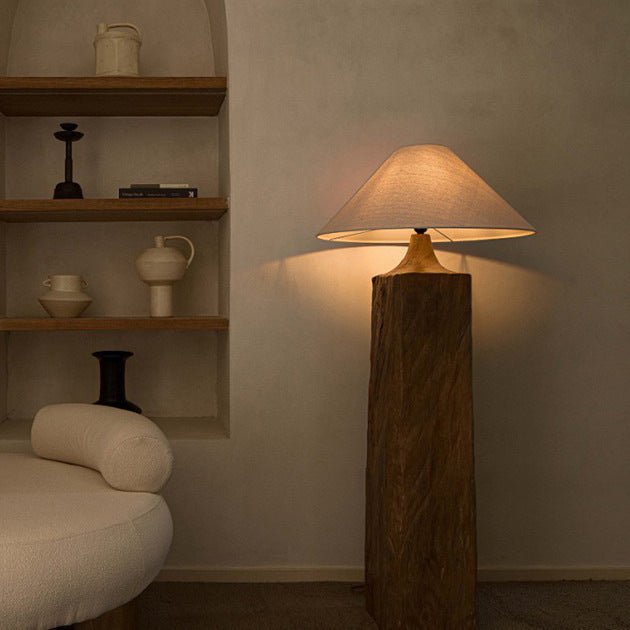 Contemporary Retro Wood Linen Cone Cylinder 1-Light Standing Floor Lamp For Living Room