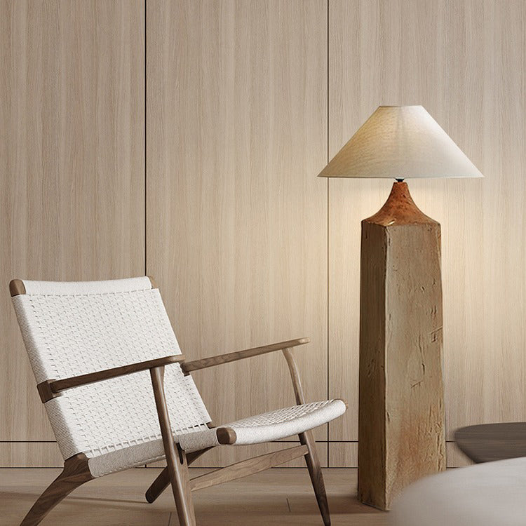 Contemporary Retro Wood Linen Cone Cylinder 1-Light Standing Floor Lamp For Living Room