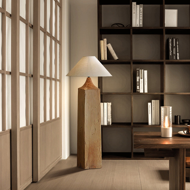 Contemporary Retro Wood Linen Cone Cylinder 1-Light Standing Floor Lamp For Living Room