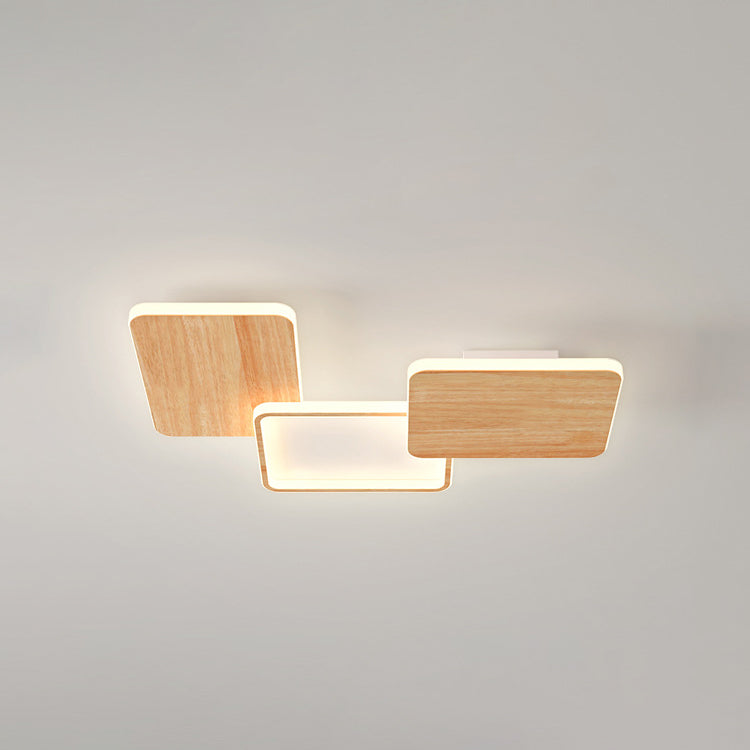 Contemporary Nordic Iron Aluminium Silica Square Combo Wood Grain LED Flush Mount Ceiling Light For Living Room