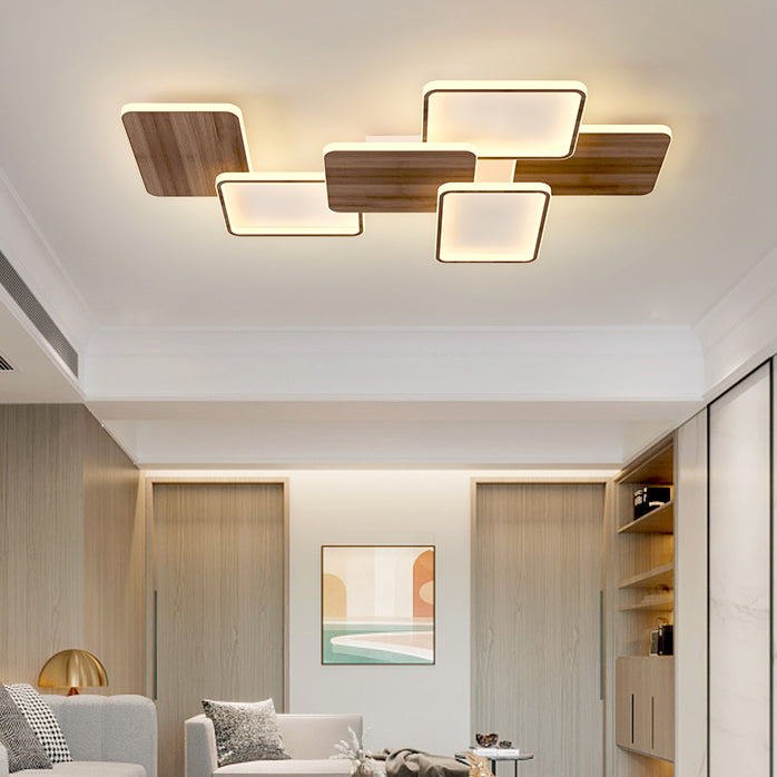Contemporary Nordic Iron Aluminium Silica Square Combo Wood Grain LED Flush Mount Ceiling Light For Living Room