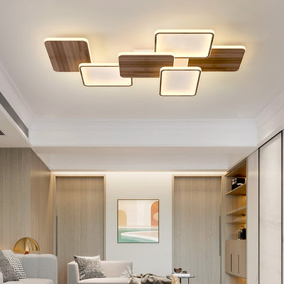 Zeitgenössische nordische Eisen-Aluminium-Silica-Quadrat-Combo-Holzmaserung LED-Deckenleuchte für Wohnzimmer 