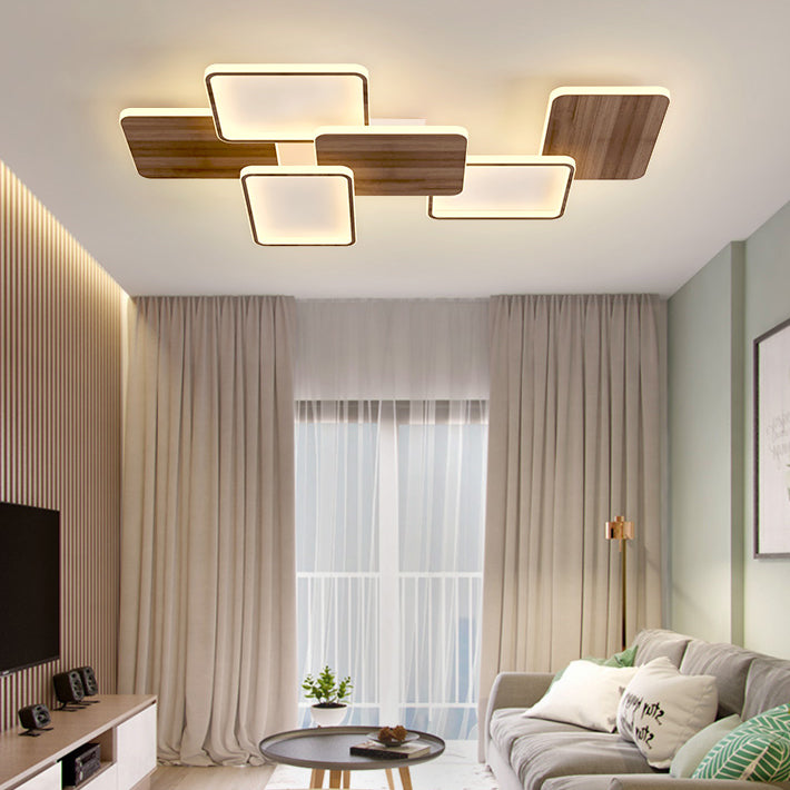 Contemporary Nordic Iron Aluminium Silica Square Combo Wood Grain LED Flush Mount Ceiling Light For Living Room