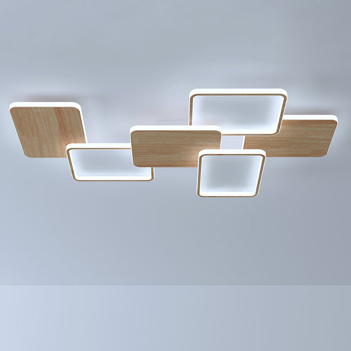 Contemporary Nordic Iron Aluminium Silica Square Combo Wood Grain LED Flush Mount Ceiling Light For Living Room