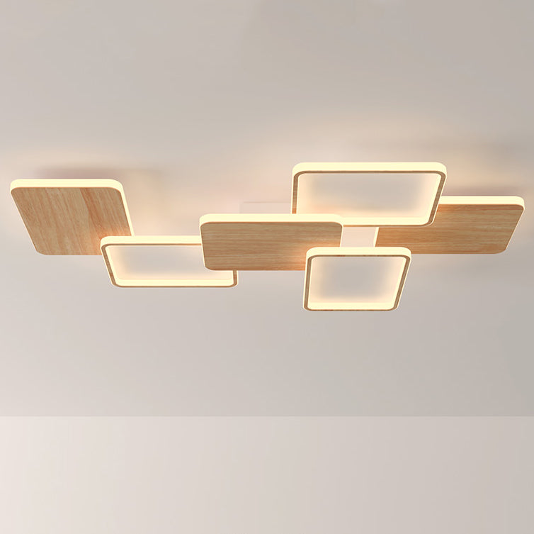 Contemporary Nordic Iron Aluminium Silica Square Combo Wood Grain LED Flush Mount Ceiling Light For Living Room