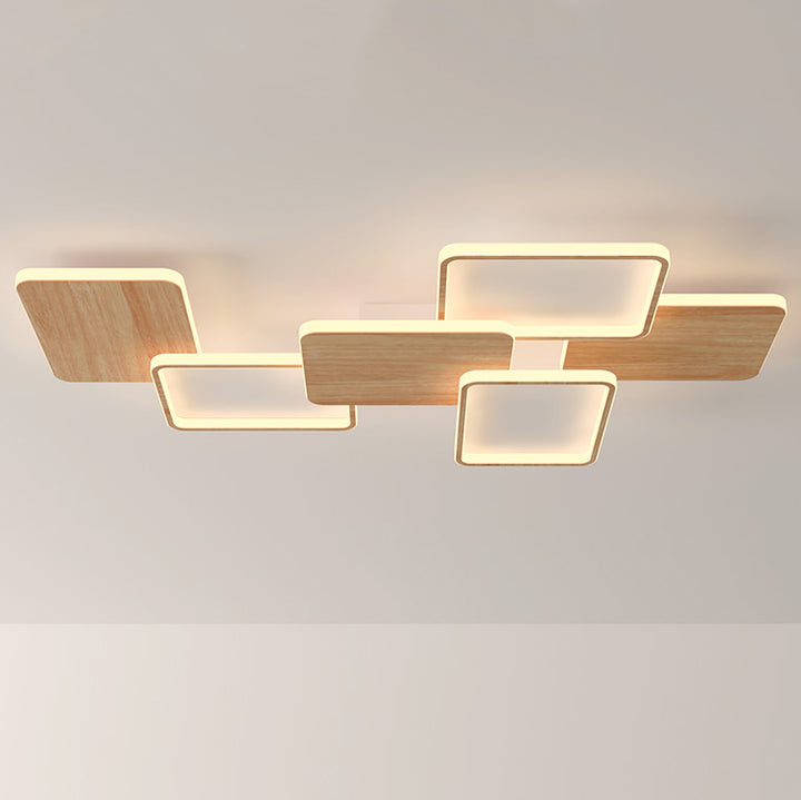 Contemporary Nordic Iron Aluminium Silica Square Combo Wood Grain LED Flush Mount Ceiling Light For Living Room