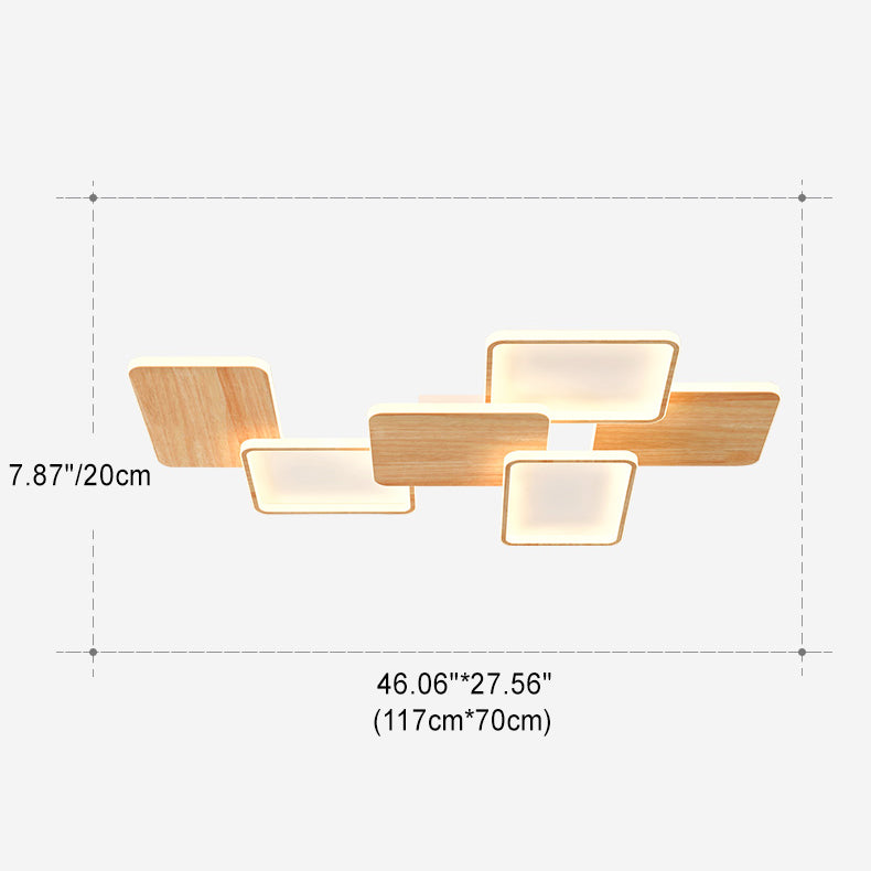 Contemporary Nordic Iron Aluminium Silica Square Combo Wood Grain LED Flush Mount Ceiling Light For Living Room
