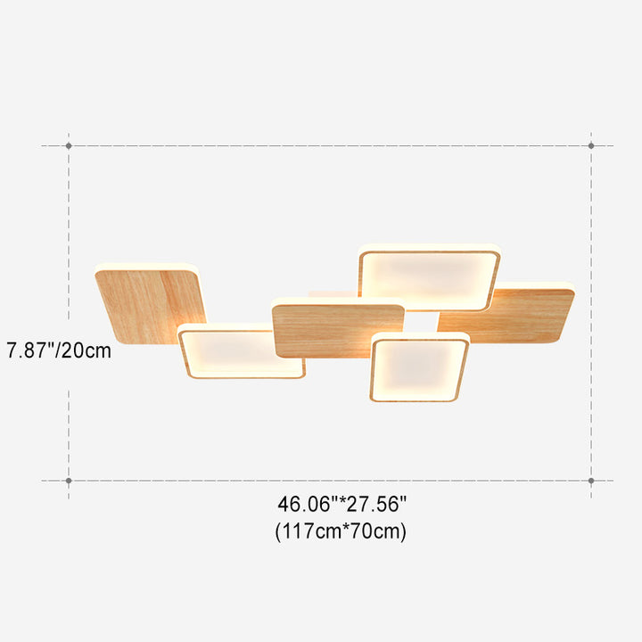 Contemporary Nordic Iron Aluminium Silica Square Combo Wood Grain LED Flush Mount Ceiling Light For Living Room