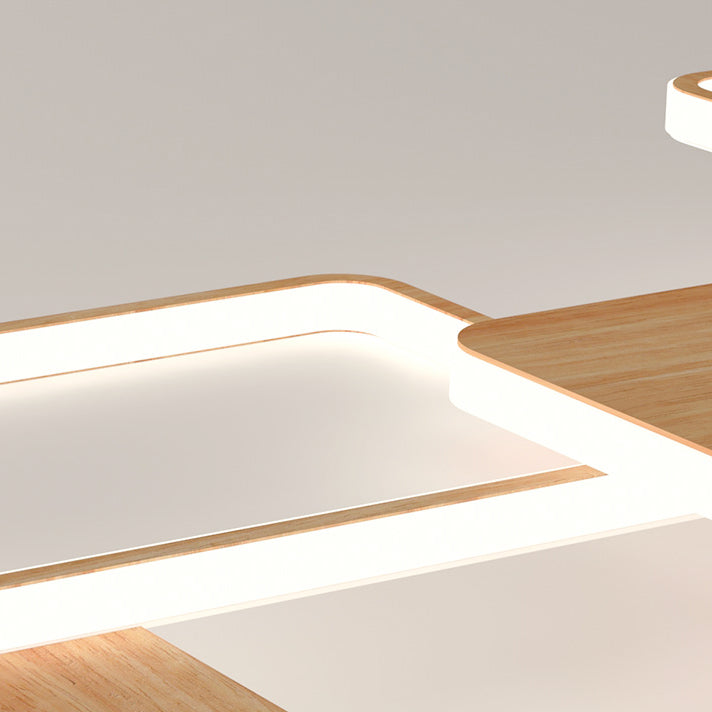 Zeitgenössische nordische Eisen-Aluminium-Silica-Quadrat-Combo-Holzmaserung LED-Deckenleuchte für Wohnzimmer 