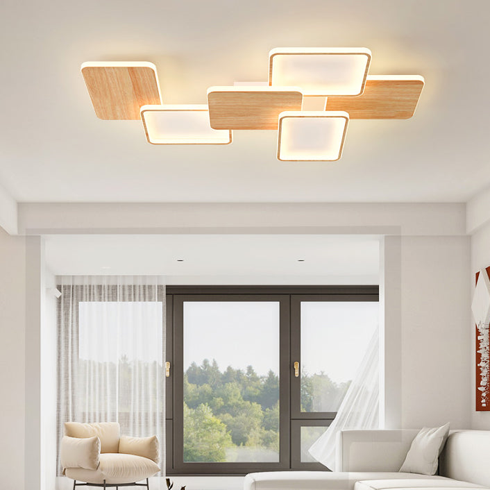 Contemporary Nordic Iron Aluminium Silica Square Combo Wood Grain LED Flush Mount Ceiling Light For Living Room