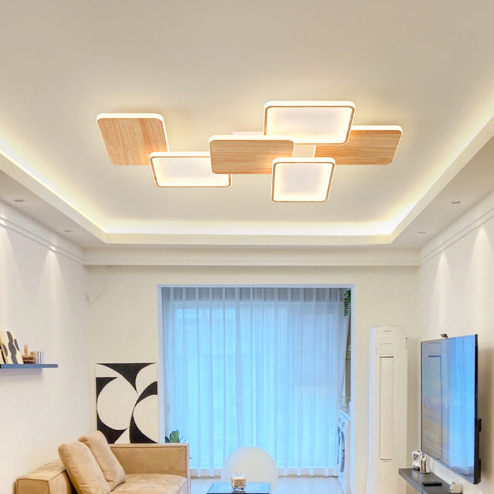 Contemporary Nordic Iron Aluminium Silica Square Combo Wood Grain LED Flush Mount Ceiling Light For Living Room
