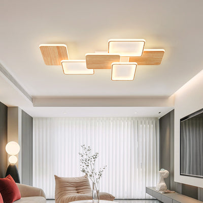 Zeitgenössische nordische Eisen-Aluminium-Silica-Quadrat-Combo-Holzmaserung LED-Deckenleuchte für Wohnzimmer 