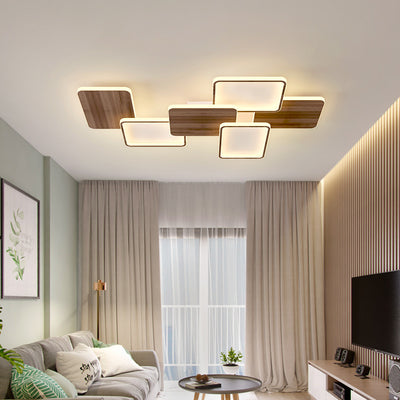 Zeitgenössische nordische Eisen-Aluminium-Silica-Quadrat-Combo-Holzmaserung LED-Deckenleuchte für Wohnzimmer 