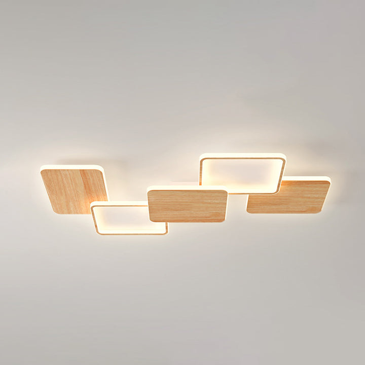 Contemporary Nordic Iron Aluminium Silica Square Combo Wood Grain LED Flush Mount Ceiling Light For Living Room