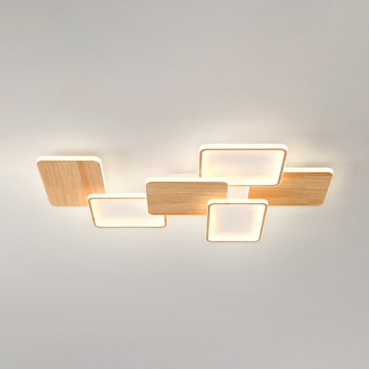 Contemporary Nordic Iron Aluminium Silica Square Combo Wood Grain LED Flush Mount Ceiling Light For Living Room