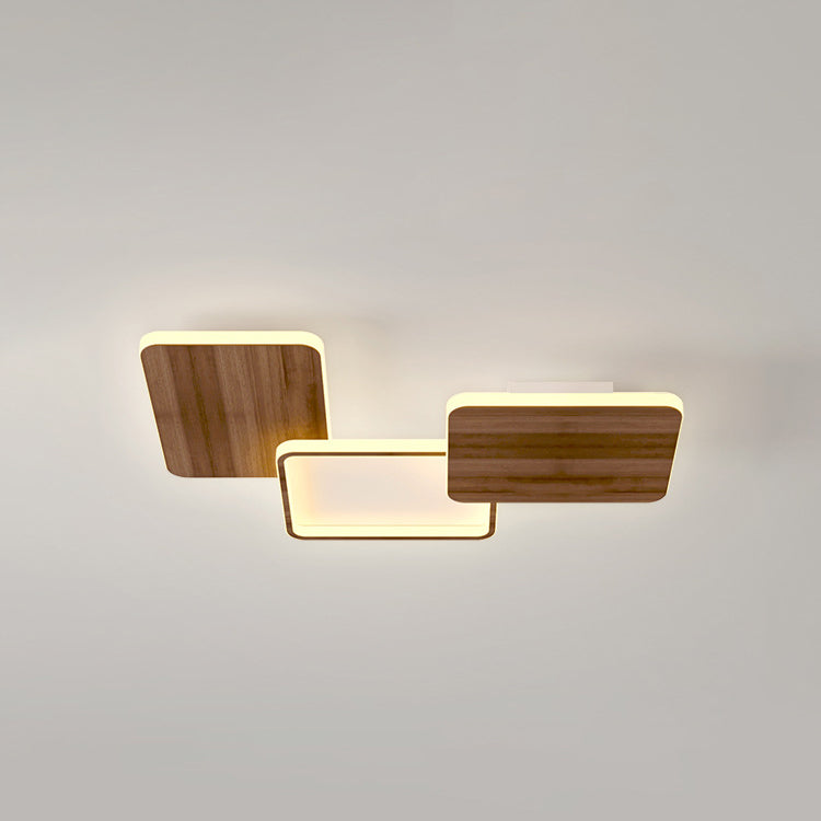 Contemporary Nordic Iron Aluminium Silica Square Combo Wood Grain LED Flush Mount Ceiling Light For Living Room