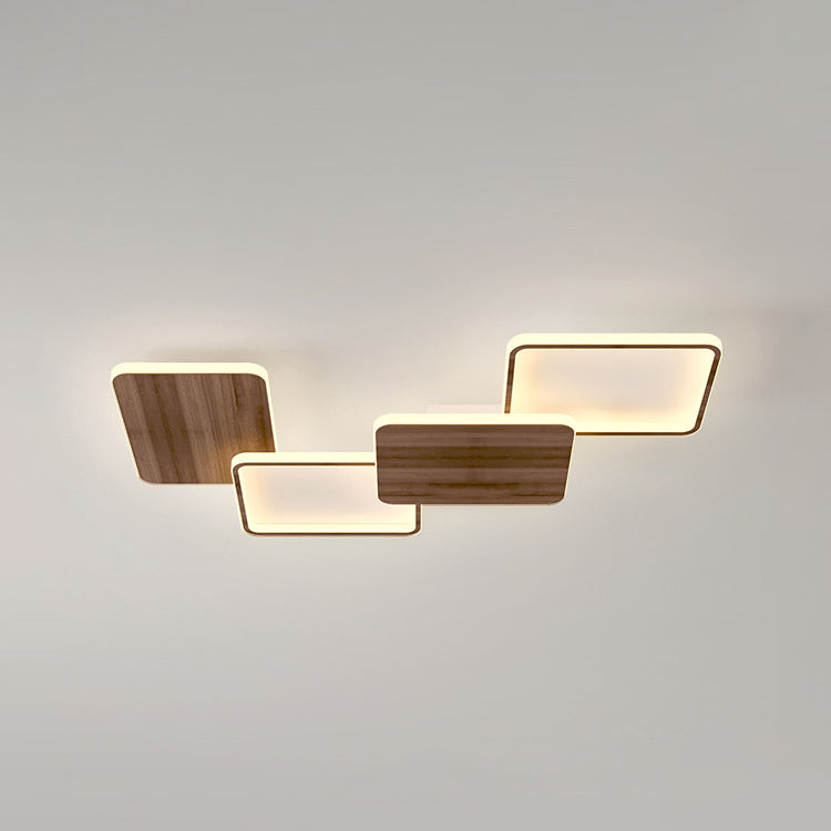 Contemporary Nordic Iron Aluminium Silica Square Combo Wood Grain LED Flush Mount Ceiling Light For Living Room