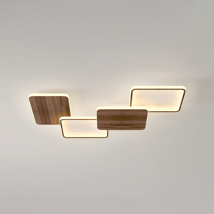 Contemporary Nordic Iron Aluminium Silica Square Combo Wood Grain LED Flush Mount Ceiling Light For Living Room