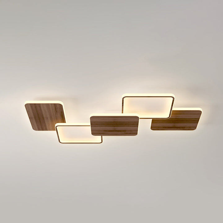 Contemporary Nordic Iron Aluminium Silica Square Combo Wood Grain LED Flush Mount Ceiling Light For Living Room