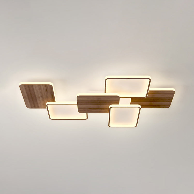 Contemporary Nordic Iron Aluminium Silica Square Combo Wood Grain LED Flush Mount Ceiling Light For Living Room