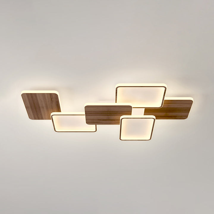 Contemporary Nordic Iron Aluminium Silica Square Combo Wood Grain LED Flush Mount Ceiling Light For Living Room