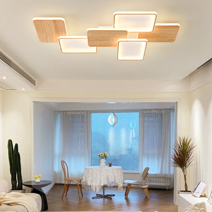 Zeitgenössische nordische Eisen-Aluminium-Silica-Quadrat-Combo-Holzmaserung LED-Deckenleuchte für Wohnzimmer 