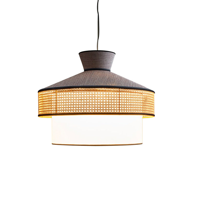 Suspension Luminaire à 1 Lumière en Tissu Tissé Japonais Traditionnel PPC Cône Cylindre Pour Salle à Manger 