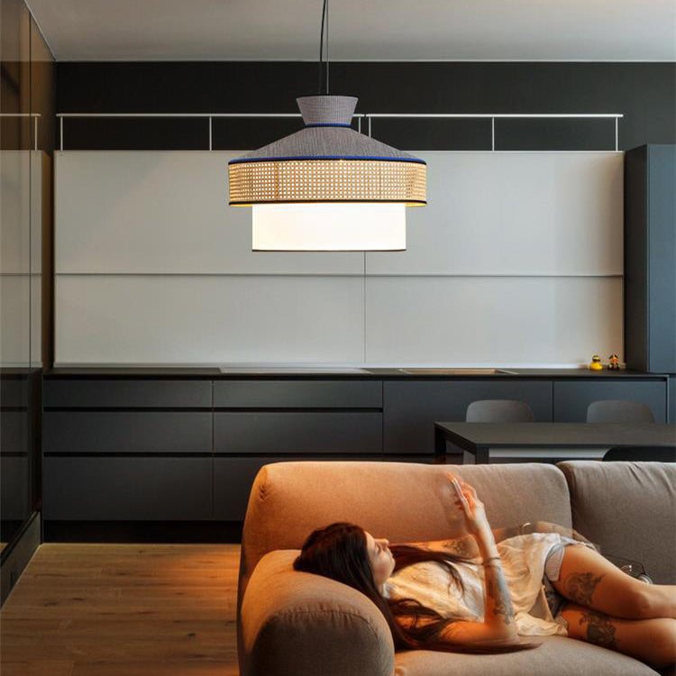 Suspension Luminaire à 1 Lumière en Tissu Tissé Japonais Traditionnel PPC Cône Cylindre Pour Salle à Manger 