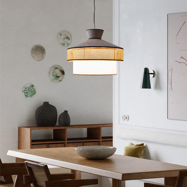 Suspension Luminaire à 1 Lumière en Tissu Tissé Japonais Traditionnel PPC Cône Cylindre Pour Salle à Manger 