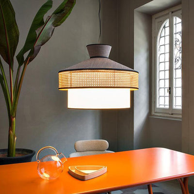 Suspension Luminaire à 1 Lumière en Tissu Tissé Japonais Traditionnel PPC Cône Cylindre Pour Salle à Manger 