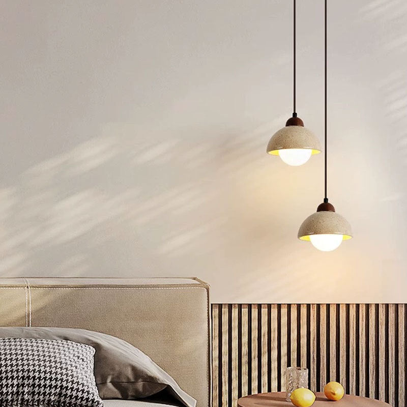 Suspension Luminaire 1 Lumière avec Boule Ronde en Bois de Travertin Traditionnel Japonais pour Chevet 