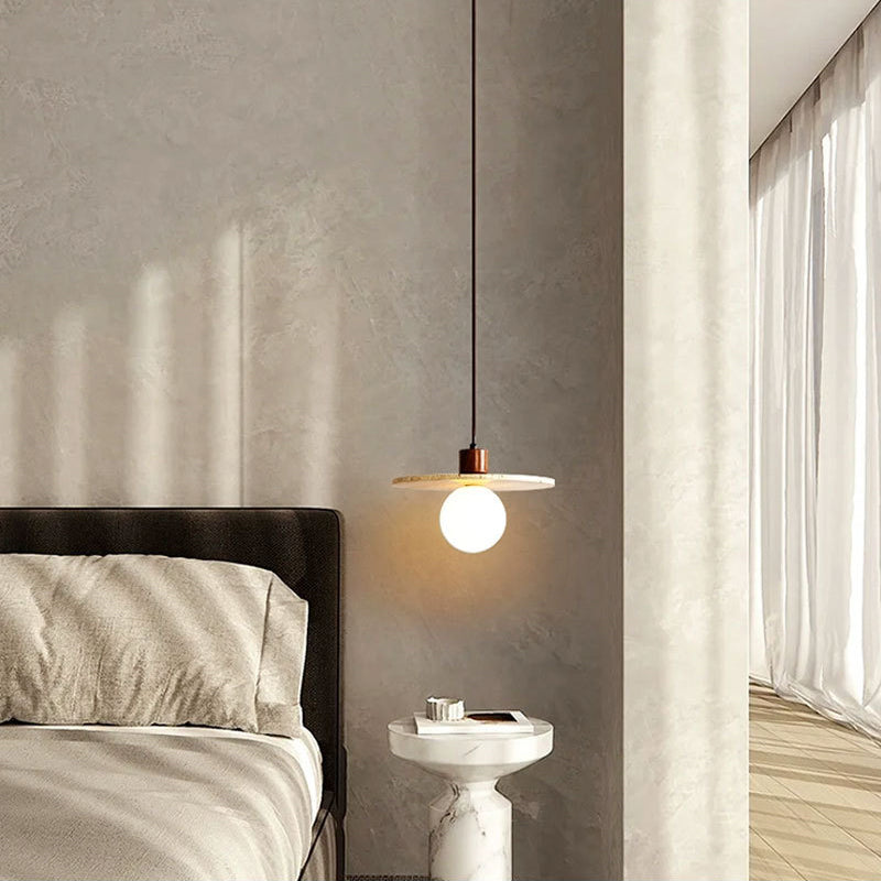 Suspension Luminaire 1 Lumière avec Boule Ronde en Bois de Travertin Traditionnel Japonais pour Chevet 