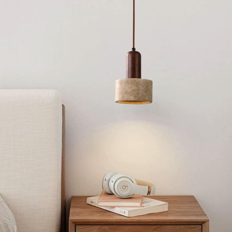 Suspension Luminaire 1 Lumière avec Boule Ronde en Bois de Travertin Traditionnel Japonais pour Chevet 