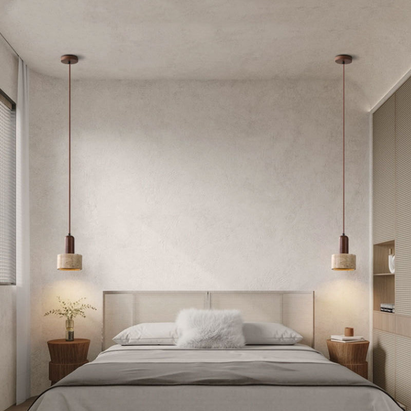 Suspension Luminaire 1 Lumière avec Boule Ronde en Bois de Travertin Traditionnel Japonais pour Chevet 