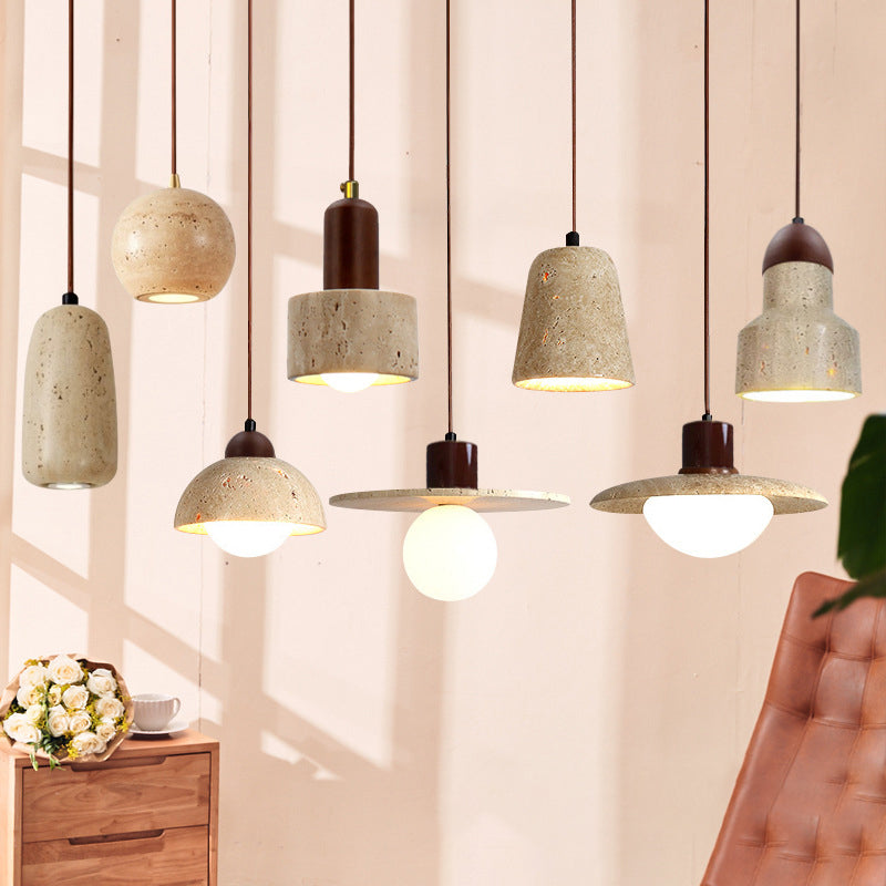 Suspension Luminaire 1 Lumière avec Boule Ronde en Bois de Travertin Traditionnel Japonais pour Chevet 