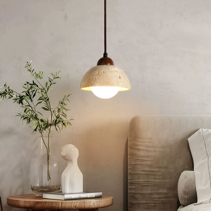 Traditional Japanese Travertine Wood Cylinder Round Bowl Ball 1-Light Pendant Light For Bedside