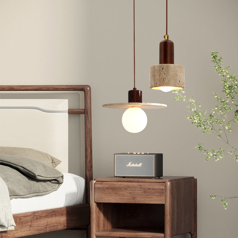Suspension Luminaire 1 Lumière avec Boule Ronde en Bois de Travertin Traditionnel Japonais pour Chevet 