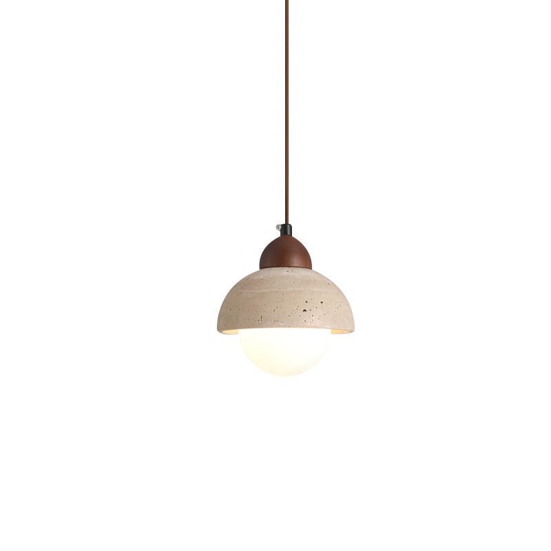 Suspension Luminaire 1 Lumière avec Boule Ronde en Bois de Travertin Traditionnel Japonais pour Chevet 